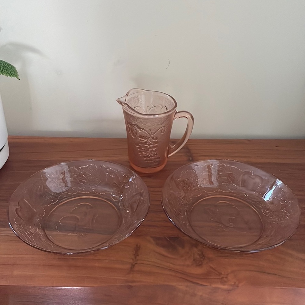 VINTAGE Kig indonesia bundle of pink glass depression fruit print pitcher bowls